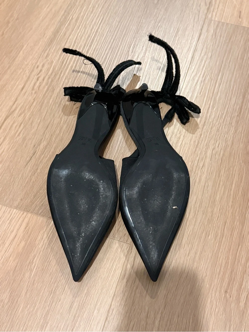 Zara Bow Slingback Heels Black Pointed Toe - Picture 5 of 5